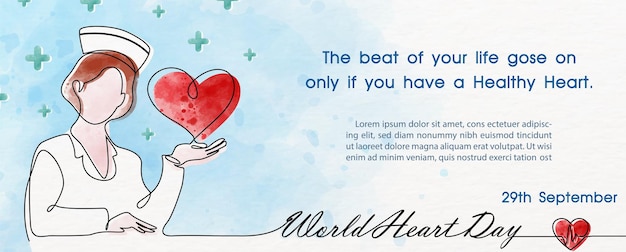 Plik wektorowy ręczny rysunek i styl jednej linii w kształcie pielęgniarki i serca z akwarelami w stylu sformułowania światowego dnia serca przykładowe teksty na niebieskim tle kampania plakatu światowego dnia serca w projektowaniu wektorowym