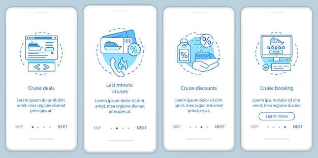 Rejs onboardingowy szablon wektora ekranu strony aplikacji mobilnej. Oferty, rejsy last minute, rabaty, rezerwacja. Instruktażowe kroki strony internetowej z ilustracjami liniowymi. Koncepcja interfejsu smartfona UX, UI, GUI
