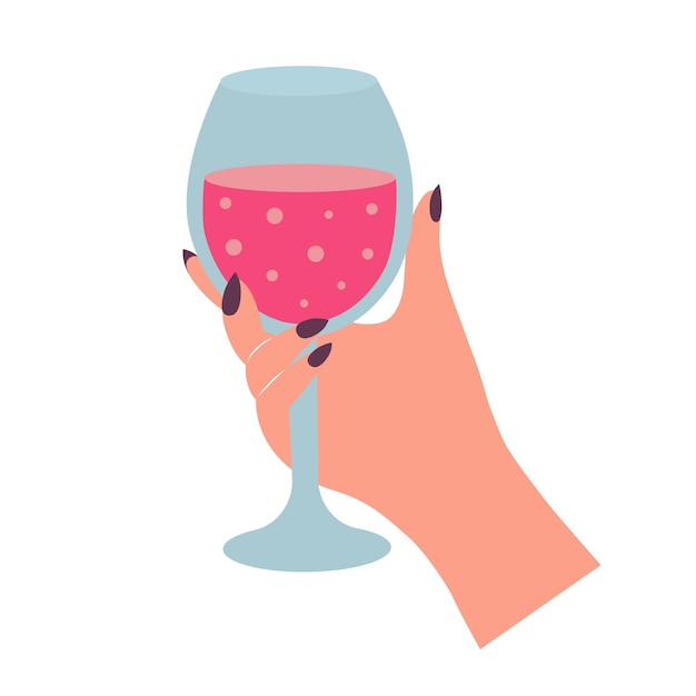 Ręka kobiety trzymająca szklankę wina Napój alkoholowy Ilustracja kreskówkowa