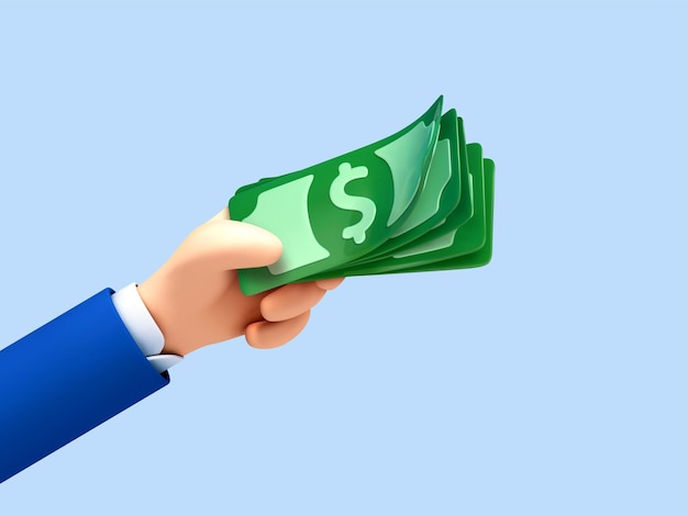 Ręka kreskówka 3D trzyma banknoty dolarowe Koncepcja operacji finansowej Płatność i zwrot pieniędzy Inwestycja pieniędzy i handel biznesowy Ilustracja wektorowa 3d