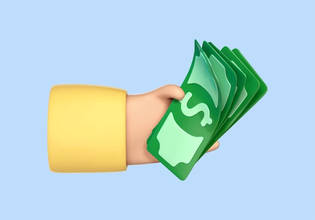 Ręka kreskówka 3D trzyma banknoty dolarowe Koncepcja operacji finansowej Płatność i zwrot pieniędzy Inwestycja pieniędzy i handel biznesowy Ilustracja wektorowa 3d