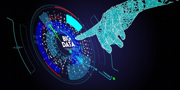 Plik wektorowy ręka o niskiej wielokątnej pracy z zaawansowaną technologią i wizualizacją big data