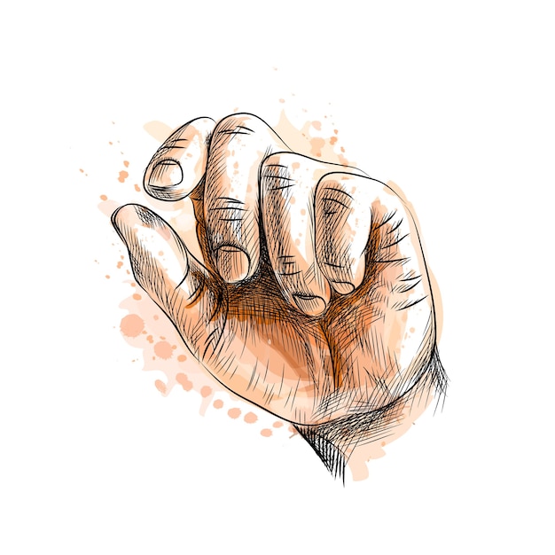Ręka Pokazuje Gest Rozmiaru Z Odrobiną Akwareli, Ręcznie Rysowane Szkic. Ilustracja Farb