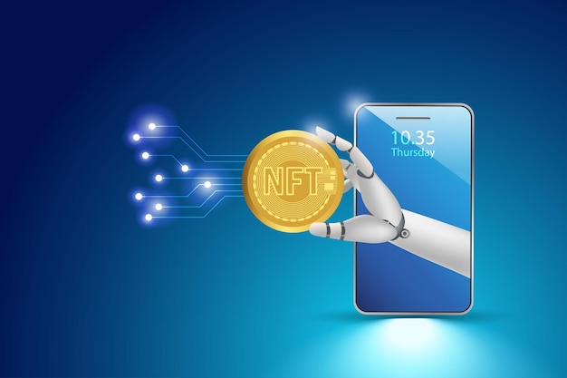 Ręka Robota Trzymająca Niezamienny Token Nft Na Smartfonie Cyfrowa Moneta Nft Do Kolekcjonerskiej Sztuki Cyfrowej