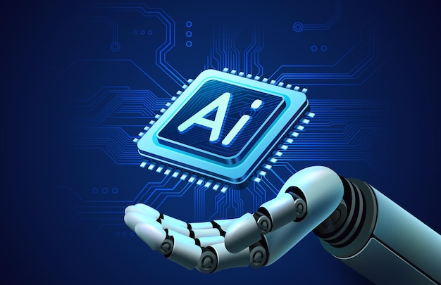 Ręka robota z mikrochipem ai procesor mikroprocesor elektronika ilustracja wektorowa