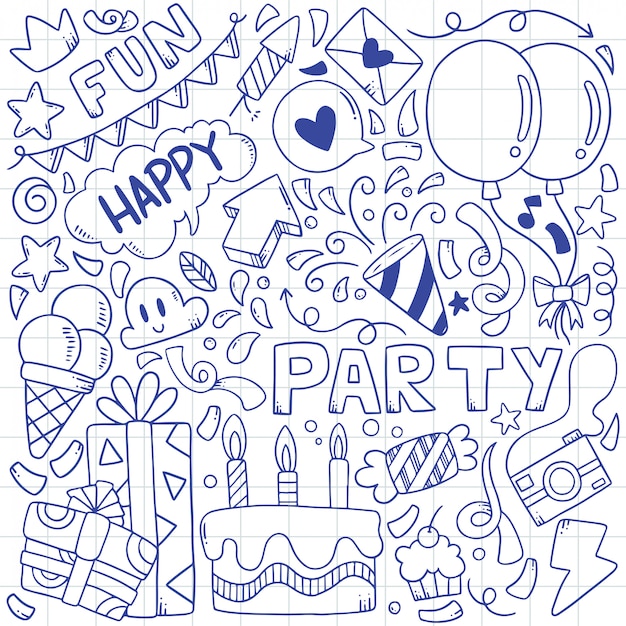 Ręka rysująca partyjna doodle wszystkiego najlepszego z okazji urodzin Ornamentuje ilustrację