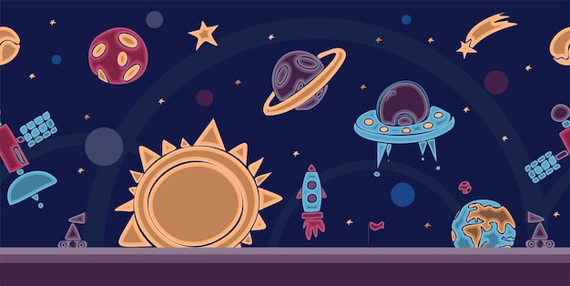 Ręka Rysuje Przestrzeń Ilustrację Z Rakietą Astronautów Planetami I Kosmitami ślicznymi Dziecięcymi Wektorami Drawi