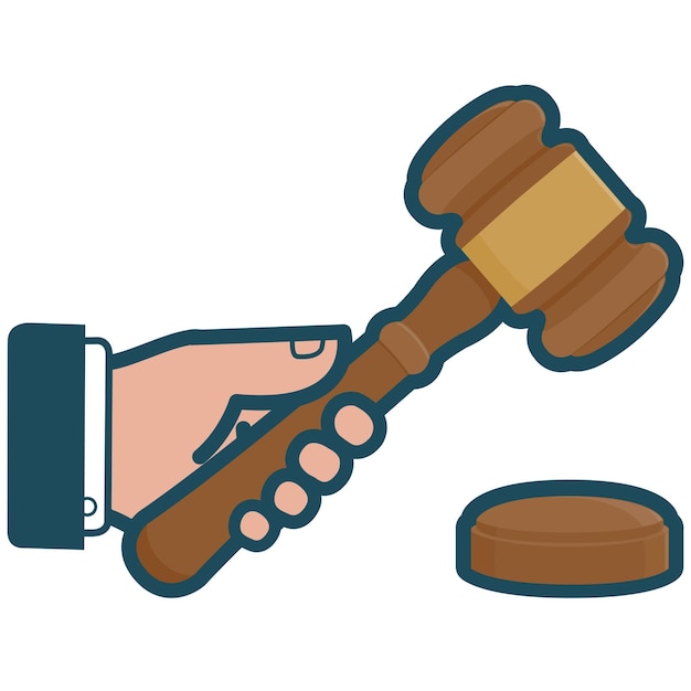 Ręka sędziego trzymająca młot Symbol prawa ikona Sprawiedliwość w sądzie Ilustracja wektorowa