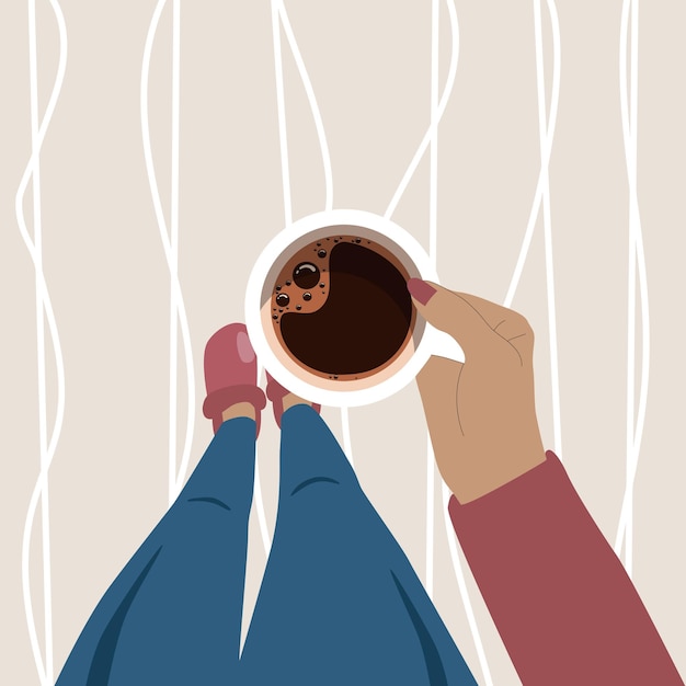 Plik wektorowy ręka trzyma filiżankę kawy. picie pysznej kawy. filiżanka kawy z widoku z góry.