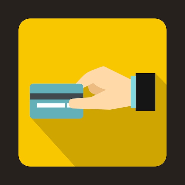 Plik wektorowy ręka trzyma ikonę karty kredytowej w płaski na żółtym tle