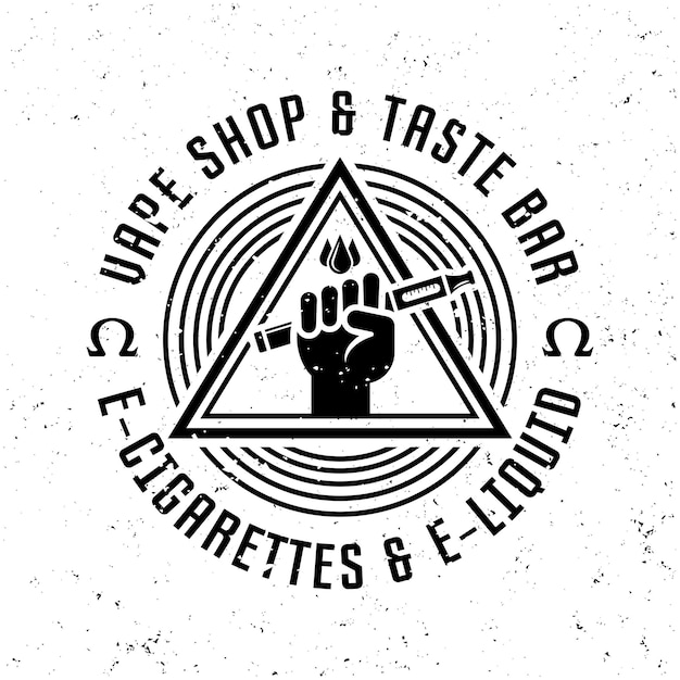 Ręka Trzyma Odznakę Etykiety Monochromatycznego Emblematu Parownika Wektor Lub Logo W Stylu Vintage Dla Sklepu Vape Na Tle Z Wymiennymi Teksturami Grunge