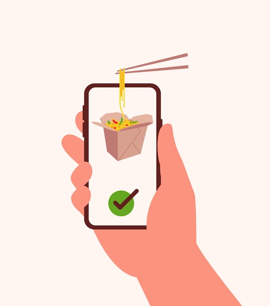 Ręka Trzyma Smartfona Z Azjatyckim Makaronem Z Warzywami W Papierowym Pudełku I Pałeczkami Z Makaronem