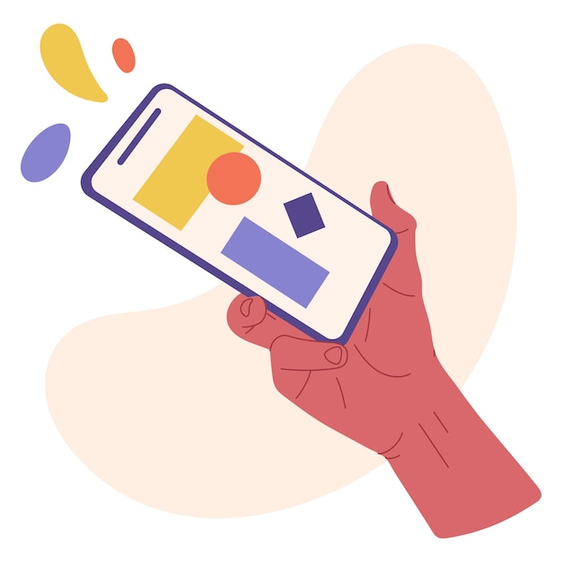 Ręka trzyma smartphone Mobilny gadżet w ludzkiej dłoni trzymać telefon płaski kreskówka wektor ilustracja na białym tle