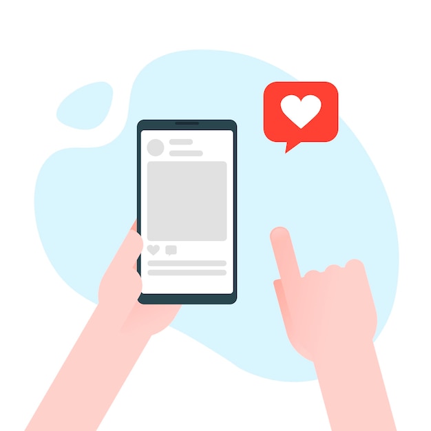 Ręka trzyma smartphone z wiadomości emoji serca na ekranie, jak przycisk. Spowiedź miłości, jak. Sieć społecznościowa i urządzenie mobilne. Grafika na strony internetowe, banery internetowe. Ilustracja wektorowa Płaska konstrukcja.