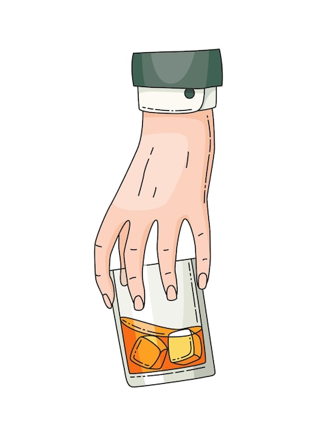 Plik wektorowy ręka trzyma szkło z mocnym napojem whisky vintage rysunek wektor ilustracja pić tequilę lub whisky napój alkohol w ręku szklanka whisky z lodem na białym tle