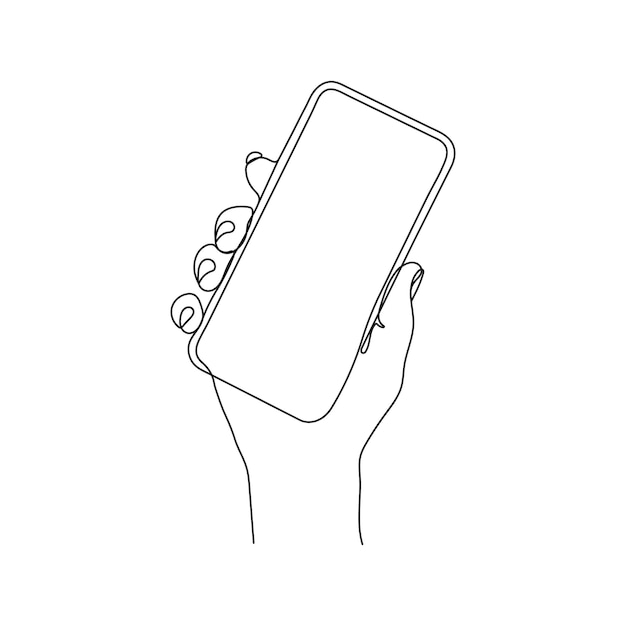 Ręka trzyma telefon komórkowy smartphone Jedna grafika liniowa Osoba trzymająca urządzenie Ręcznie rysowane wektor