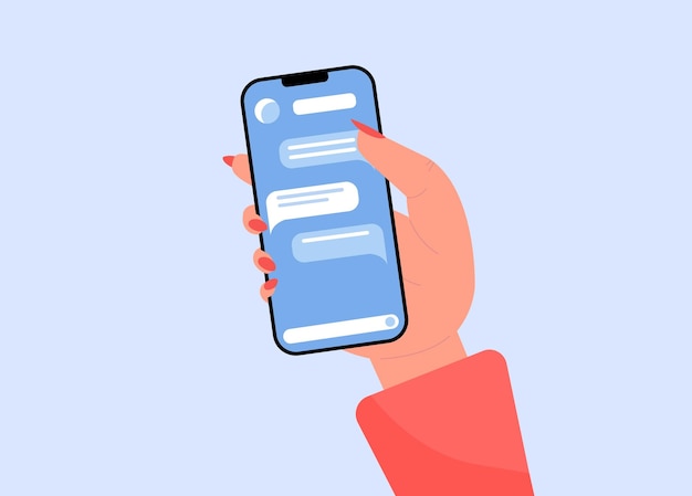 Ręka Trzyma Telefon Na Czacie W Ilustracji Wektorowych Płaski Mediów Społecznościowych. Kreskówka Ręka