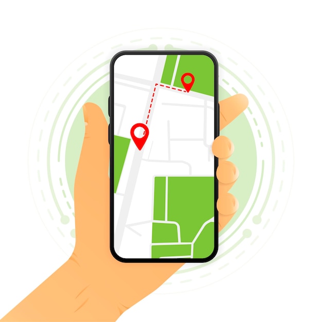 Ręka trzyma telefon z aplikacją do śledzenia GPS Ilustracja wektorowa