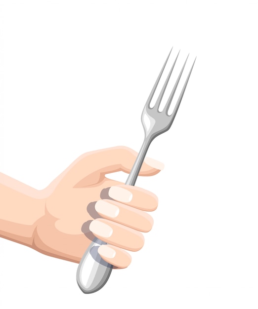 Ręka trzyma widelec. Naczynie kuchenne ze stali nierdzewnej. Płaskie ilustracja na białym tle. Kolorowa ikona menu restauracji lub kawiarni.
