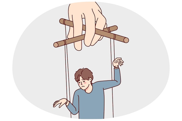 Plik wektorowy ręka trzymająca człowieka na linach manipulująca krokami i działaniami kontrola marionetkarza nieszczęśliwy facet