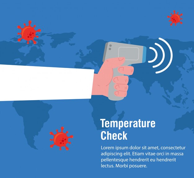 Ręka Z Cyfrowym Bezkontaktowym Termometrem Na Podczerwień, Mapa świata Międzynarodowa, Zapobieganie Chorobie Wieńcowej 2019 Ncov