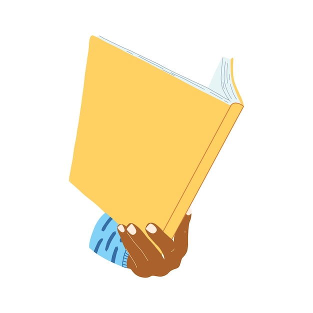Ręka z książką w kreskówka płaski koncepcja światowego dnia książki nauki uczenia się