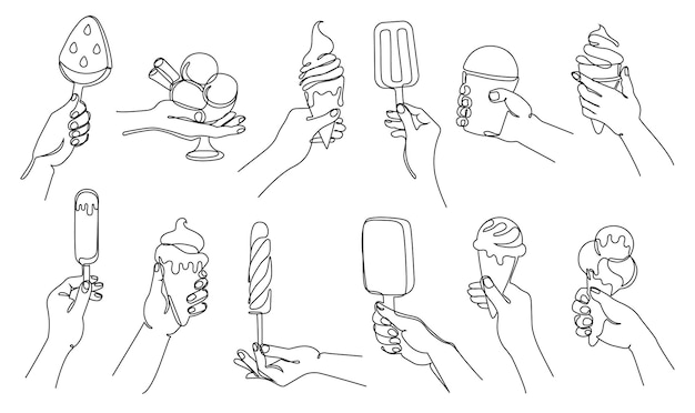 Ręka z lodem Ciągła jedna linia ręka trzymająca stożki lody i lody ilustracja wektorowa z edytowalnymi ścieżkami uderzeń