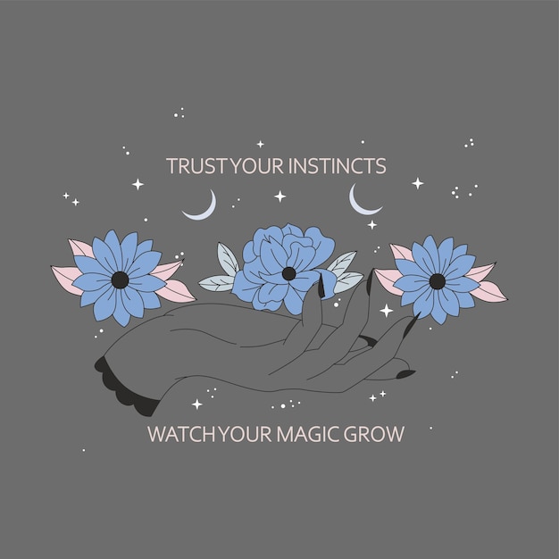 Ręka Z Niebieskim Kwiatkiem Z Napisem „zaufaj Swojemu Instynktowi”.