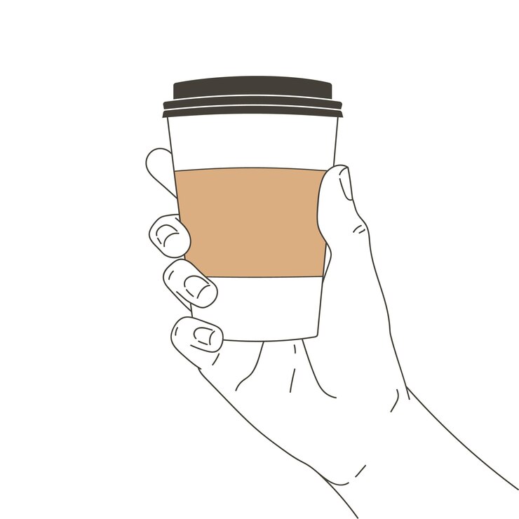 Wektor ręka z papierowym kubkiem kawy. trzymam espresso cappuccino na wynos na wynos. przerwa na kawę w kawiarni. osoba barista daje innemu kubek. realistyczne vintage ilustracji wektorowych