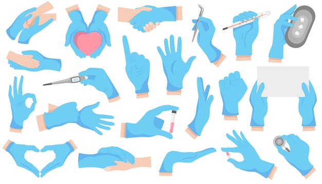Plik wektorowy rękawiczki medyczne płaski zestaw ikon medyczny sprzęt ochrony osobistej lekarze i ręce pacjenta probówka termometru i pigułki kolorowe ilustracje izolowane