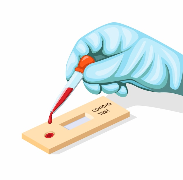 Rękawiczki Ręczne Umieścić Próbkę Krwi Do Koncepcji Szybkiego Testu Covid-19 Na Ilustracji Kreskówka Na Białym Tle