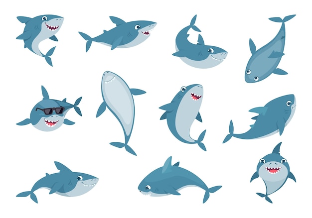 Rekin Oceaniczny Słodkie Dzikie Pływanie Uśmiechnięte Rekiny Z Dużymi Białymi Zębami Dokładny Zestaw Ilustracji Wektorowych Kreskówek