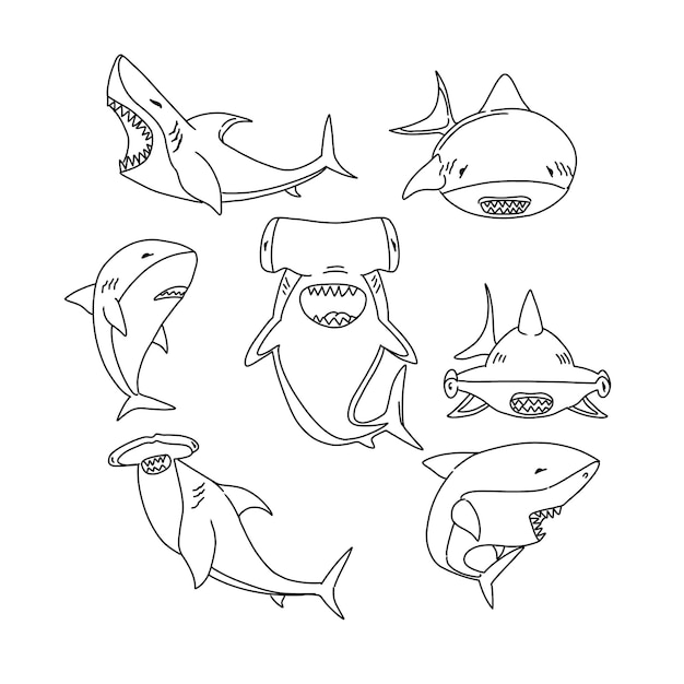 Plik wektorowy rekin ręcznie rysowane doodle ilustracje wektor zestaw