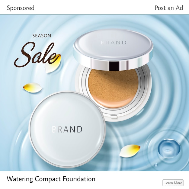 Plik wektorowy reklama kosmetyczna odpowiednia do portali społecznościowych, dwóch etui na fundacje i żółtych płatków na falach wody