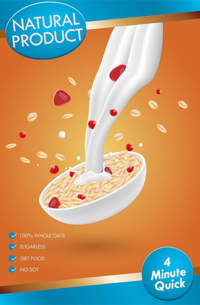 Plik wektorowy reklama płatków owsianych z rozpryskiwaniem mleka i mieszanymi jagodami, ilustracja 3d
