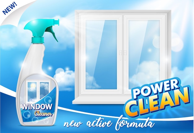 Reklama środka do czyszczenia szyb. Wektor 3d realistyczne ilustracja poręcznej plastikowej butelki z rozpylaczem i czyste okno. Szablon projektu plakatu promocyjnego detergentu do czyszczenia okien.