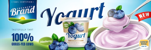Reklamy Jogurtu Jagodowego Z łyżką Pysznego Kremu Na Tle Bokeh, Ilustracja 3d