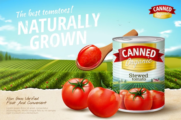 Reklamy Pomidorów W Puszkach Ze świeżymi Warzywami Na Zielonym Polu Na Ilustracji 3d