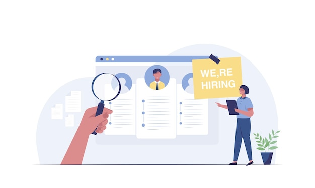 Rekrutacja i zatrudnienie z menedżerami HR poszukującymi ilustracji wektorowych nowego kandydata do pracy
