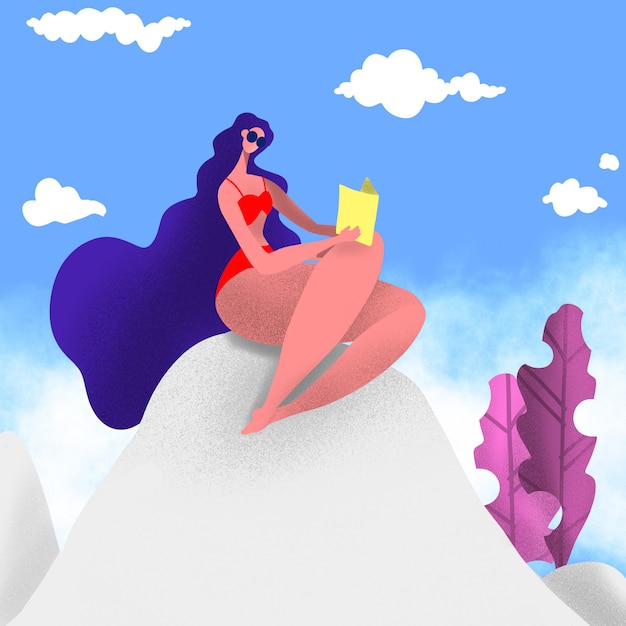 Relaksuje wektor, Młoda kobieta czyta książkowego obsiadanie na skale w swimsuit, Wektorowy ilustracyjny postać z kreskówki
