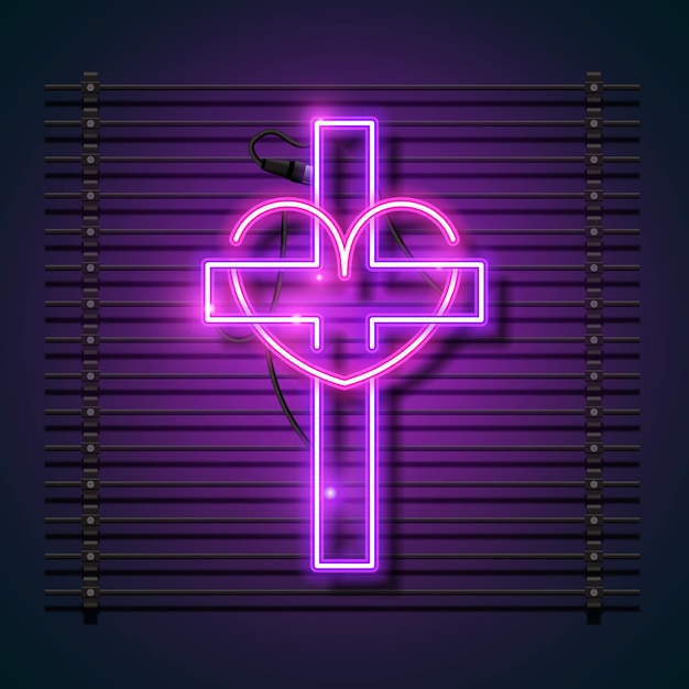 Religia Krzyż Neon. Fioletowy Chrześcijański Krzyż Ikona.