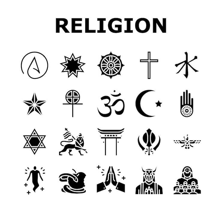 Wektor religia modlitwa kult i ateizm ikony ustaw wektor