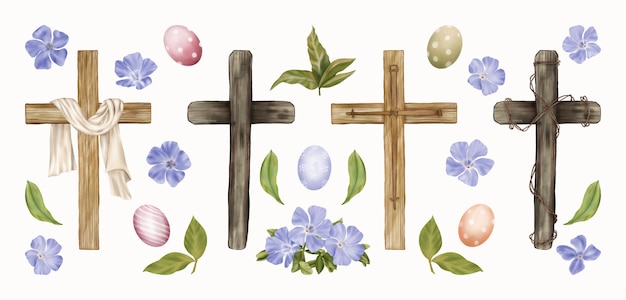 Religijne wielkanocne krzyże, jajka, wiosenne kwiaty