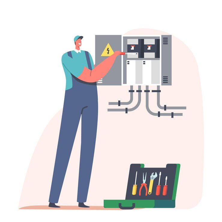Wektor remont domu, koncepcja bezpieczeństwa pożarowego, energetycznego i elektrycznego. złota rączka, elektryk, badanie postaci, szkic roboczy
