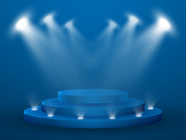 Renderowanie 3D kompozycji abstrakcyjnej z podium. Studio z okrągłym postumentem i przestrzenią. Futurystyczne tło wewnętrzne dla strony docelowej, prezentacja, prezentacja produktu.