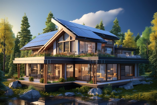 Plik wektorowy renderowanie 3d nowoczesnego, przytulnego domu na wzgórzu z garażem i basenem na sprzedaż lub wynajem z pięknym