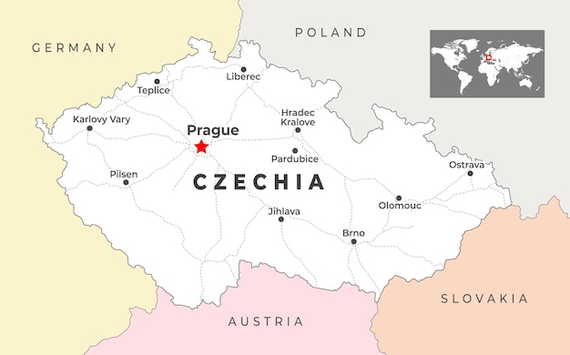 Republika Czeska Mapa Polityczna Z Stolicą Pragą Najważniejsze Miasta I Granice Krajowe