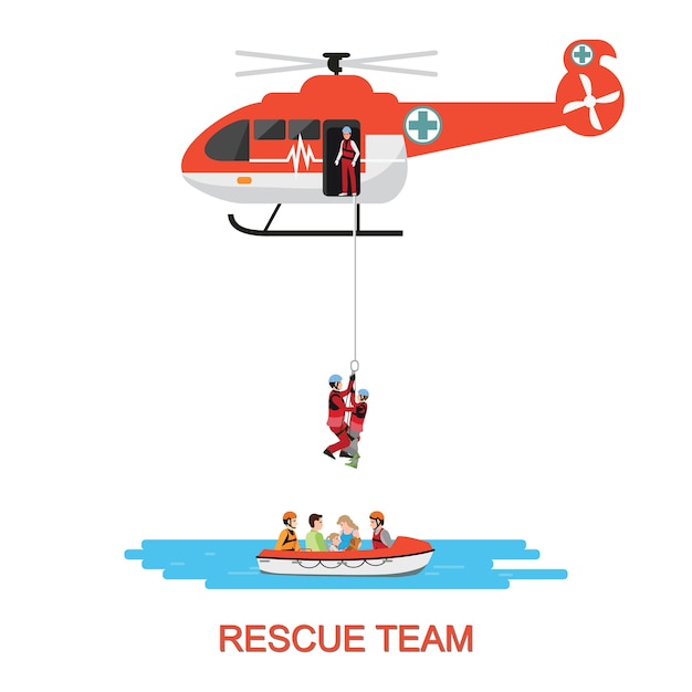 Plik wektorowy rescue team with rescue helicopter and boat rescue.