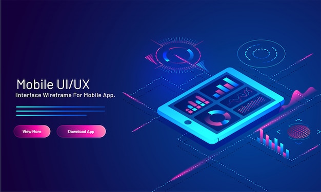 Responsywny Banner Internetowy Oparty Na Mobilnym Interfejsie Użytkownika / Ux Z Ekranem Aplikacji Mobilnej Analizy Na Niebieskim Cyfrowym.