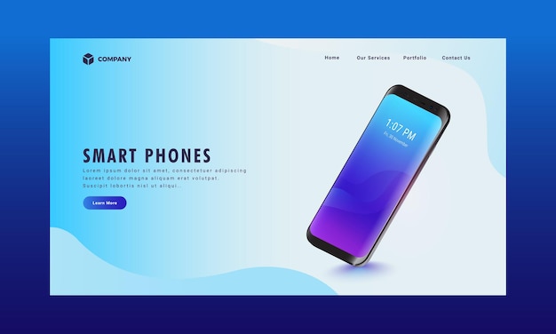 Responsywny projekt strony docelowej z nowym smartfonem na chłodnym tle